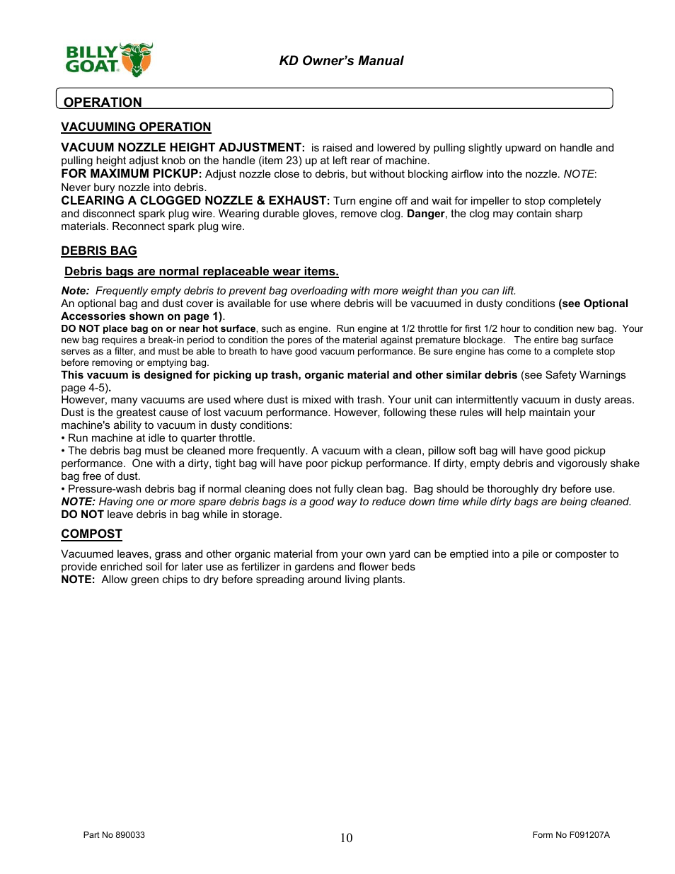Billy Goat KD612 User Manual | Page 10 / 16