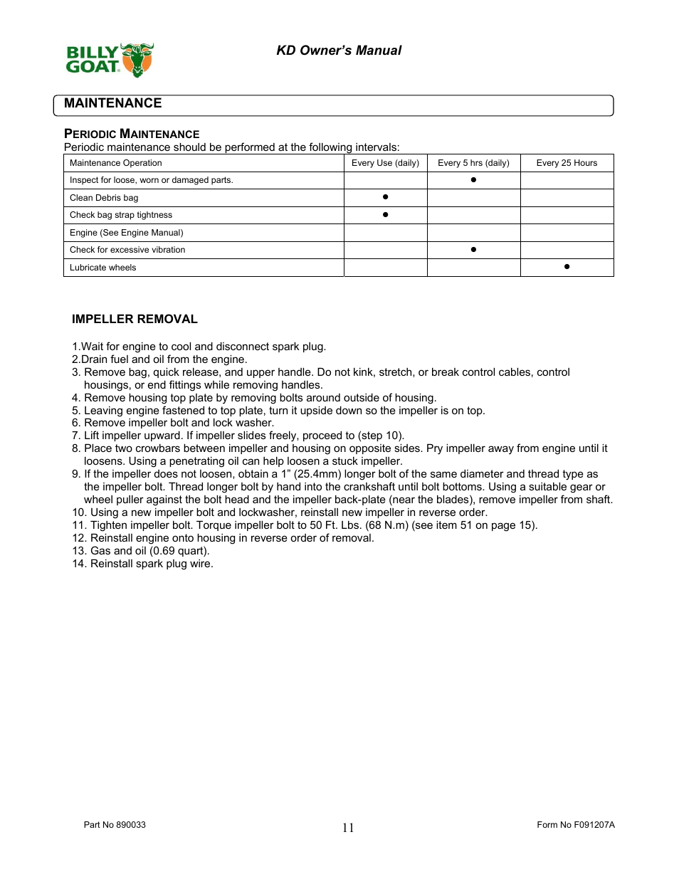 11 kd owner’s manual maintenance p, Impeller removal | Billy Goat KD612 User Manual | Page 11 / 16