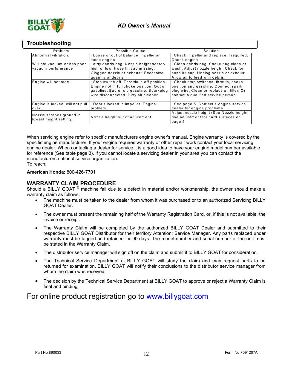Billy Goat KD612 User Manual | Page 12 / 16