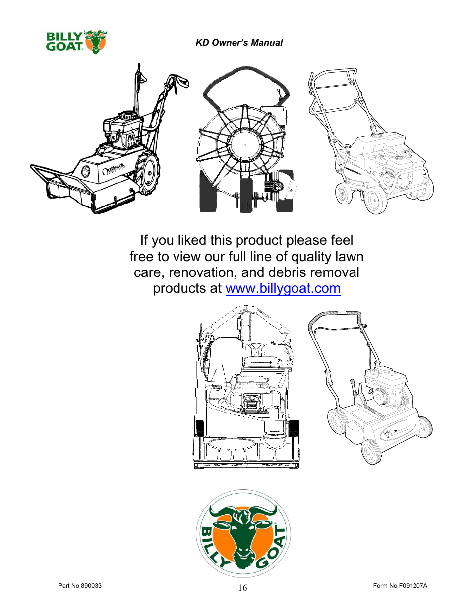 Billy Goat KD612 User Manual | Page 16 / 16