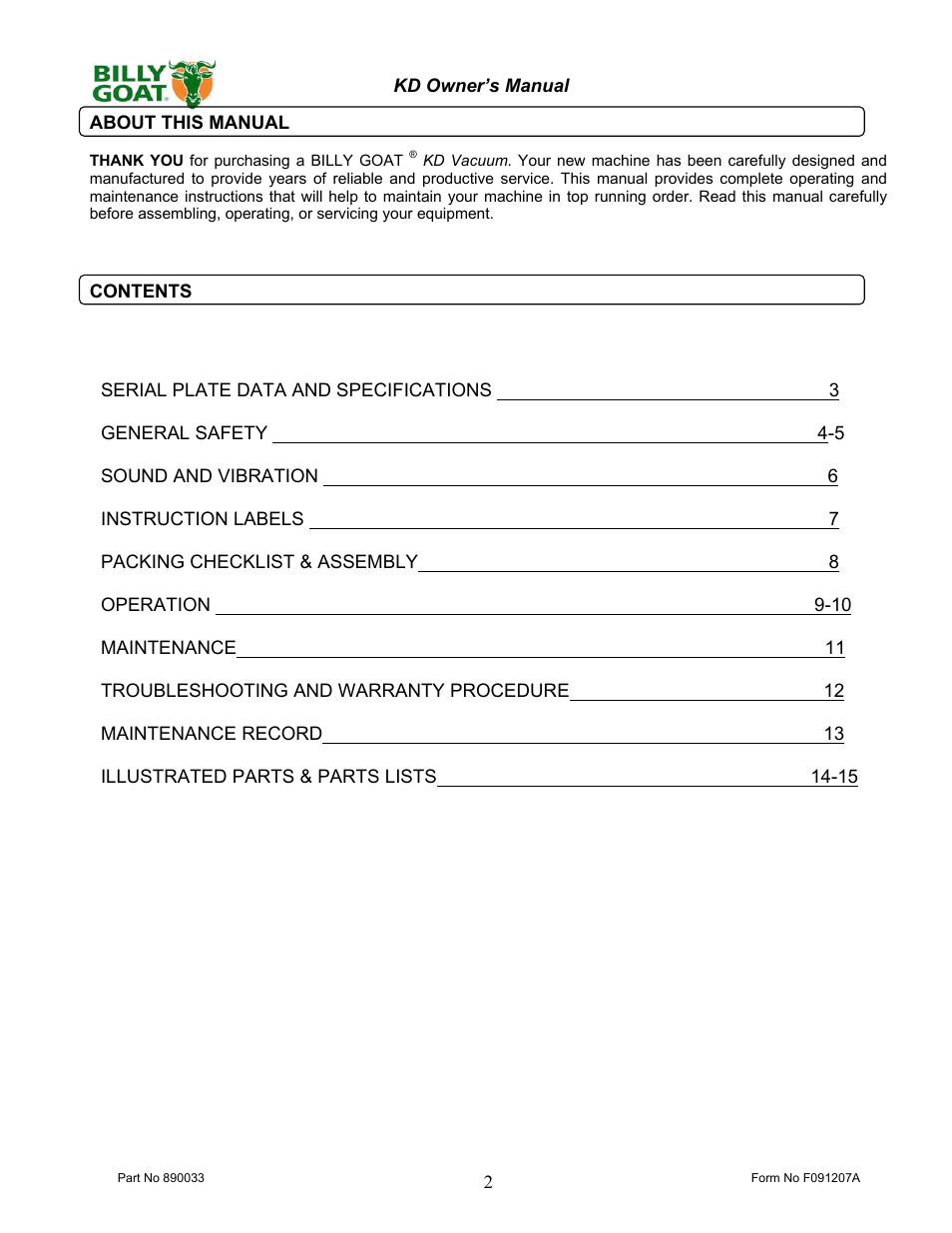 Billy Goat KD612 User Manual | Page 2 / 16