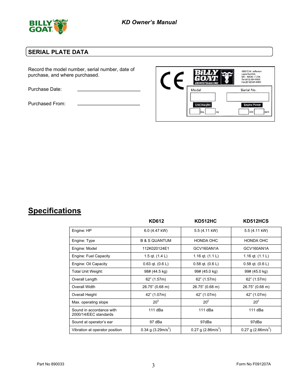 Specifications, 3 kd owner’s manual serial plate data | Billy Goat KD612 User Manual | Page 3 / 16