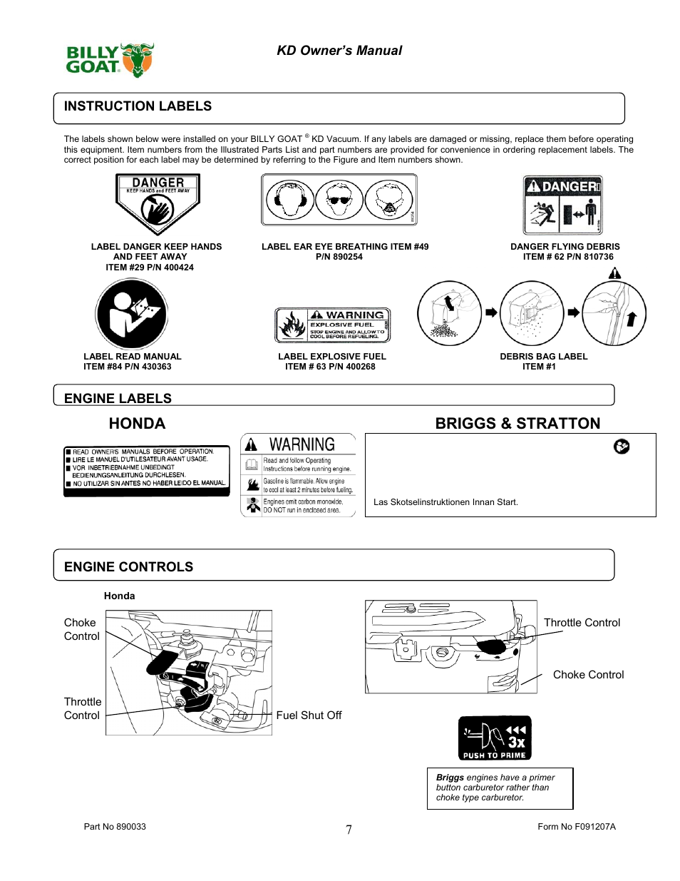 Honda briggs & stratton | Billy Goat KD612 User Manual | Page 7 / 16
