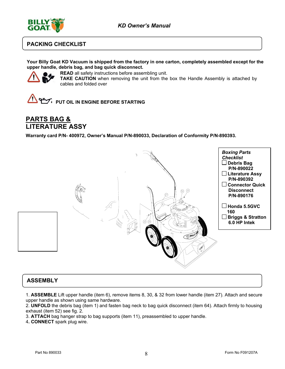 Parts bag & literature assy | Billy Goat KD612 User Manual | Page 8 / 16