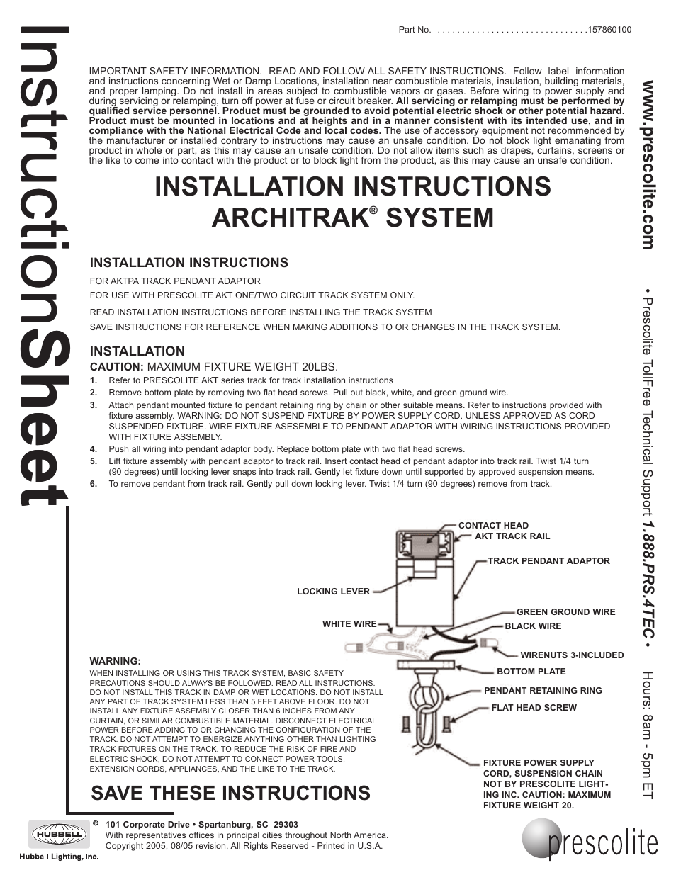 Prescolite ARCHITRAK SYSTEM AKTPA - Pendant Adaptor User Manual | 1 page