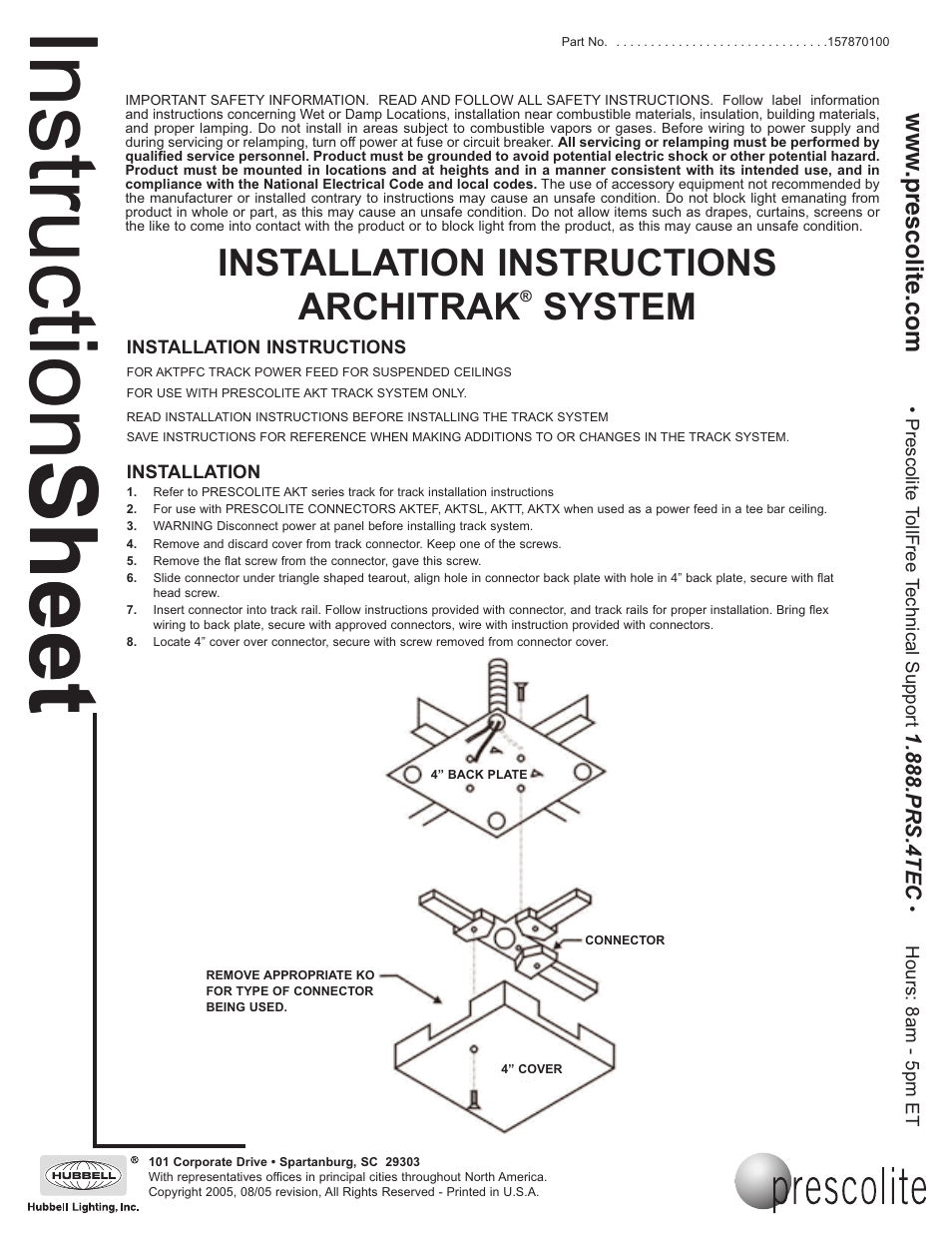 Prescolite ARCHITRAK SYSTEM AKTPFC - Power Feed Cover User Manual | 1 page