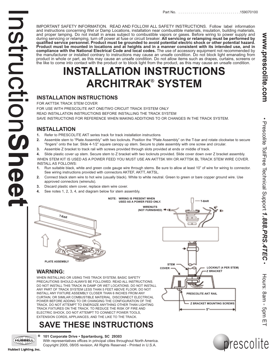 Prescolite ARCHITRAK SYSTEM AKTTSK - T-bar Mount Stem Kit User Manual | 1 page