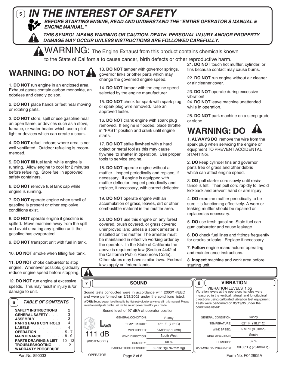Warning, Warning: do, Warning: do not | 111 db | Billy Goat KD512  EN User Manual | Page 2 / 8