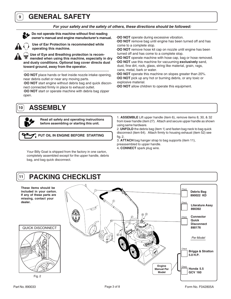 Assembly packing checklist, General safety | Billy Goat KD512  EN User Manual | Page 3 / 8