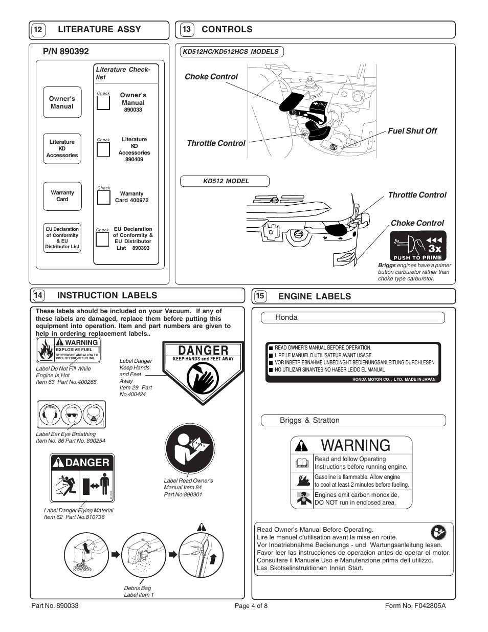 Danger, Controls, Literature assy | Engine labels, Instruction labels, Choke control, Throttle control choke control, Fuel shut off, Throttle control | Billy Goat KD512  EN User Manual | Page 4 / 8