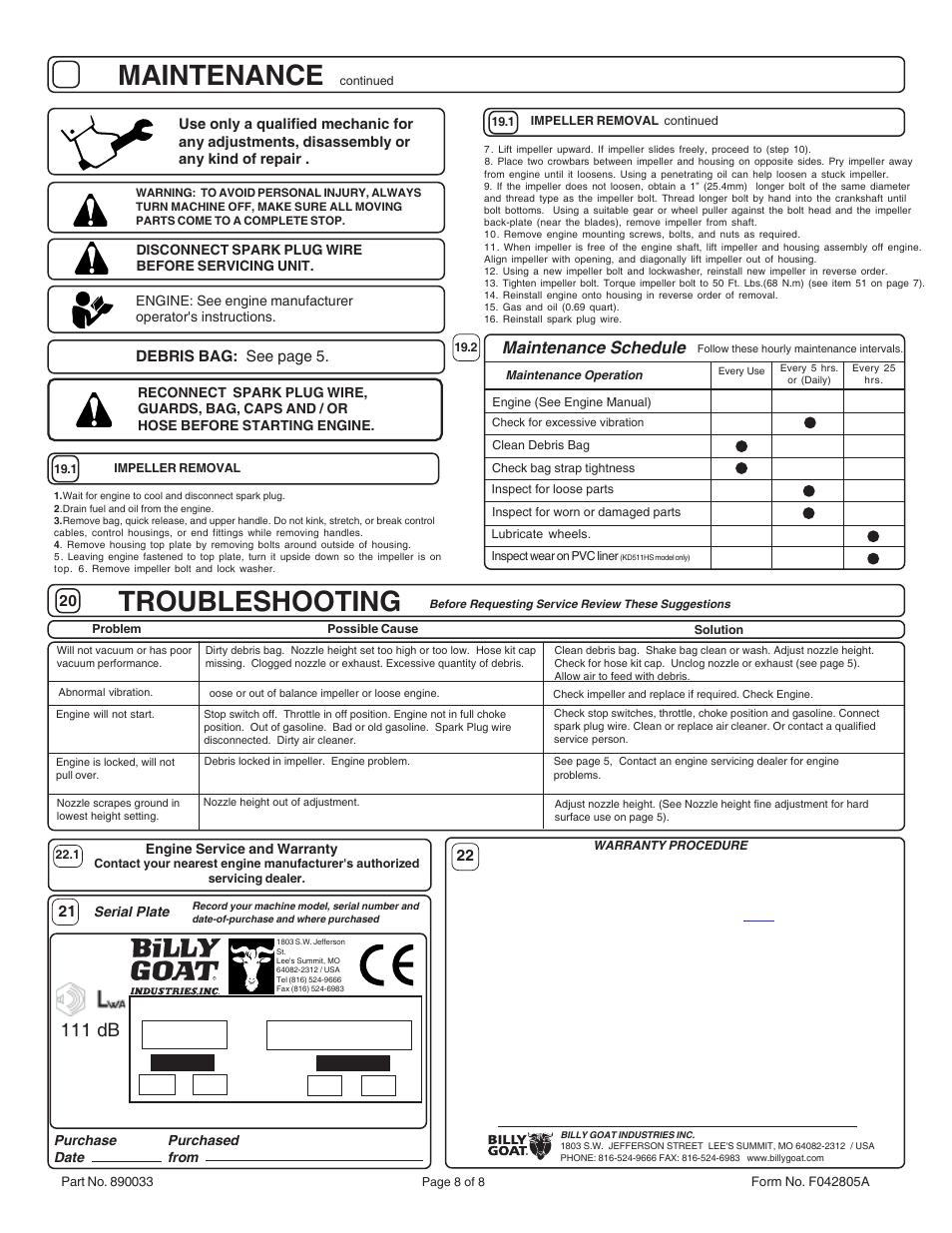 Maintenance, Troubleshooting, 111 db | Maintenance schedule | Billy Goat KD512  EN User Manual | Page 8 / 8