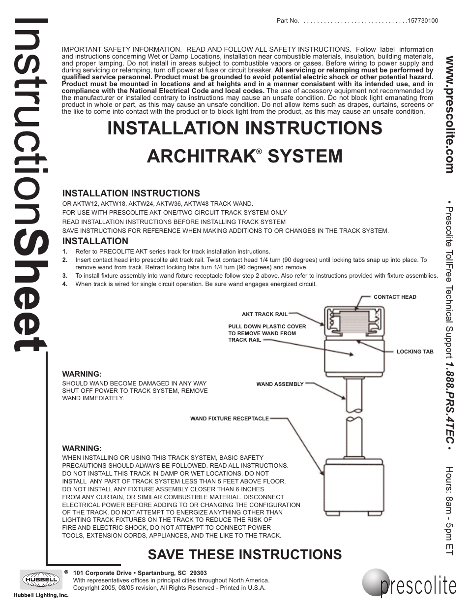 Prescolite ARCHITRAK SYSTEM AKTW12, AKTW24, AKTW36, AKTW48 Track Wand User Manual | 1 page