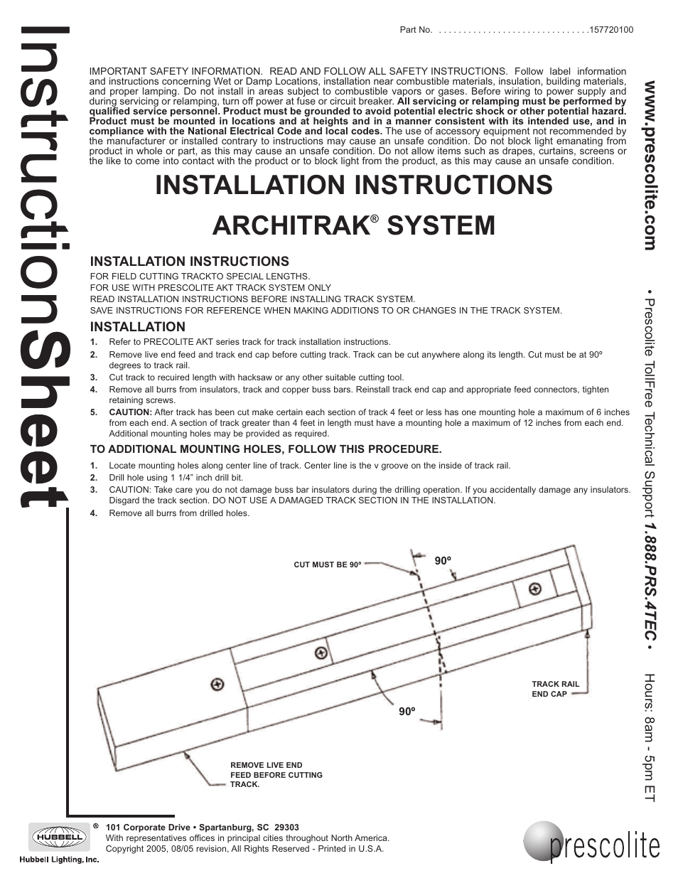 Prescolite ARCHITRAK SYSTEM Field Cutting Tracks to Special Lengths User Manual | 1 page