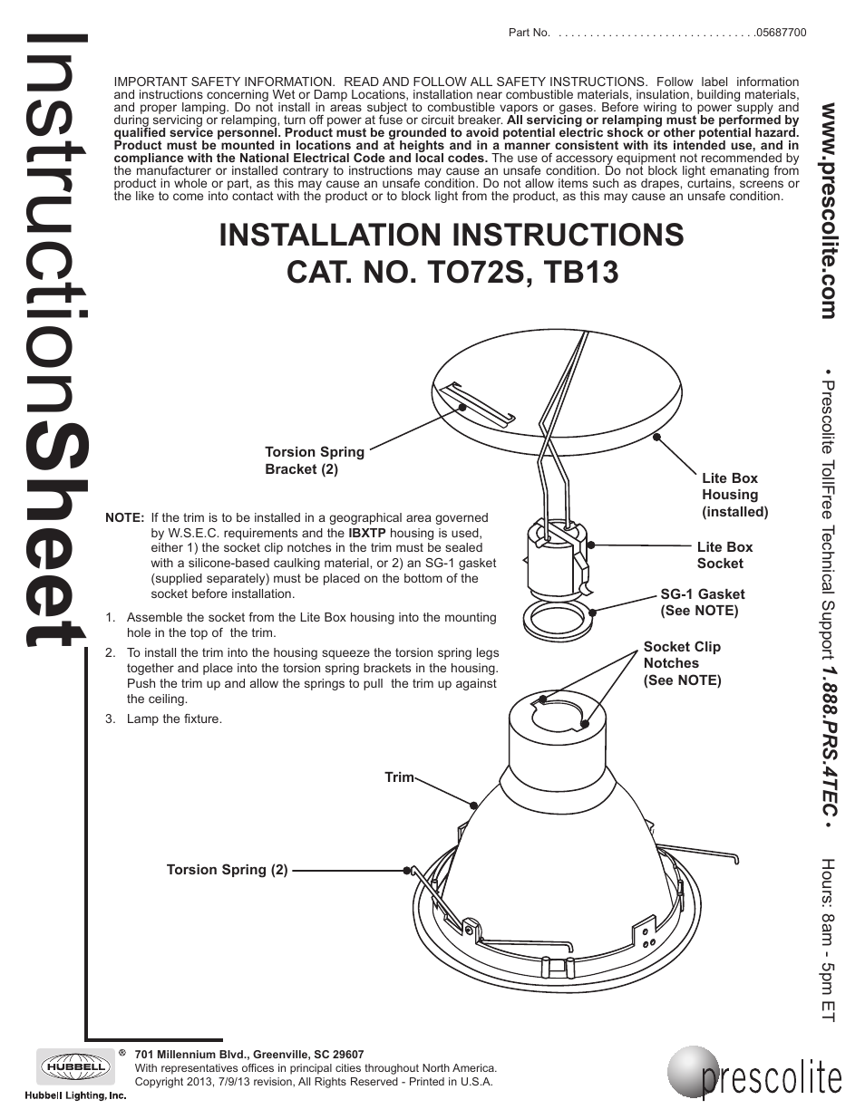 Prescolite TB13 User Manual | 1 page