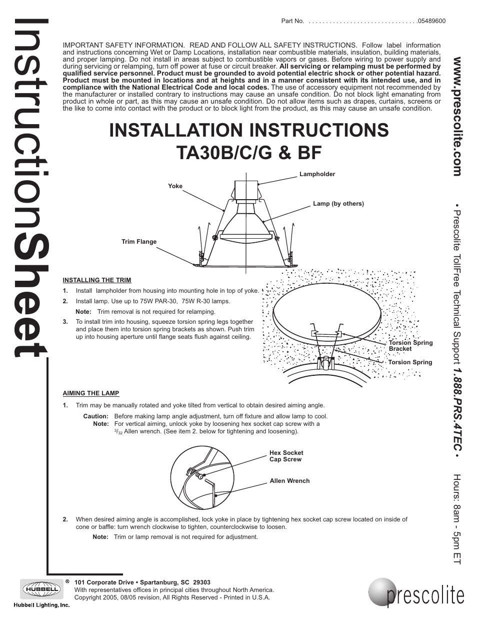 Prescolite TA30B/C/G & BF User Manual | 1 page