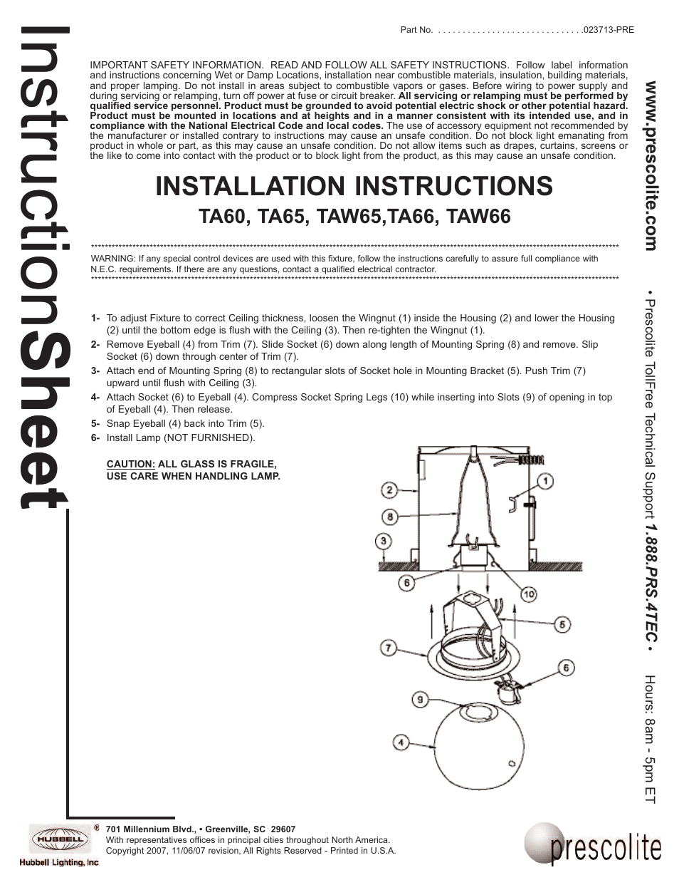 Prescolite TAW66 User Manual | 1 page