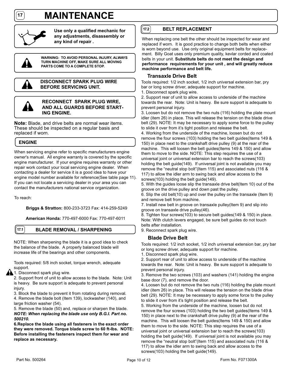 Maintenance | Billy Goat BC2401 User Manual | Page 10 / 12
