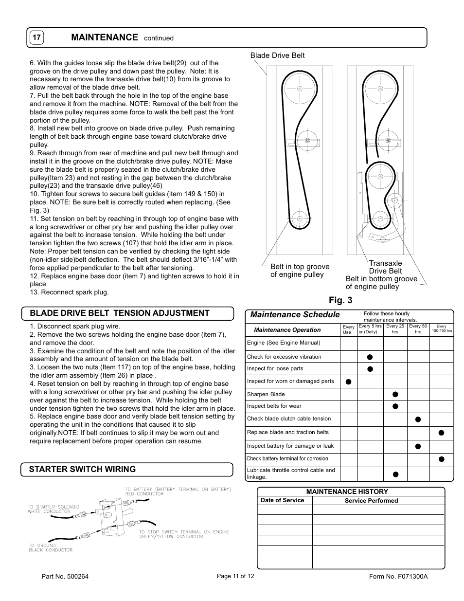 Maintenance, Fig. 3, Maintenance schedule | Blade drive belt tension adjustment, Starter switch wiring | Billy Goat BC2401 User Manual | Page 11 / 12