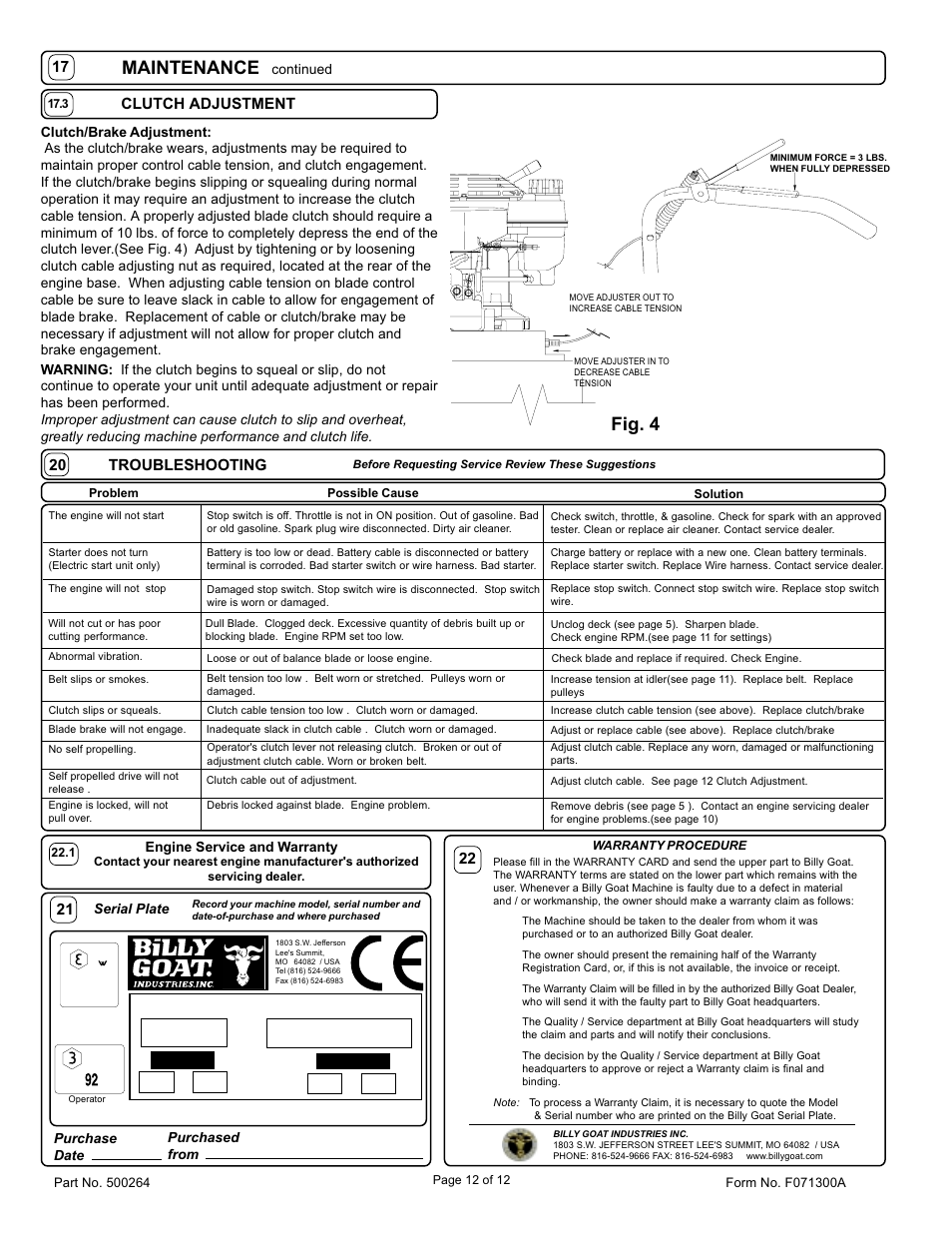 Maintenance, Fig. 4, Troubleshooting | 20 clutch adjustment | Billy Goat BC2401 User Manual | Page 12 / 12