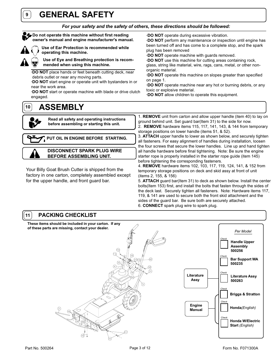 General safety assembly, Packing checklist | Billy Goat BC2401 User Manual | Page 3 / 12