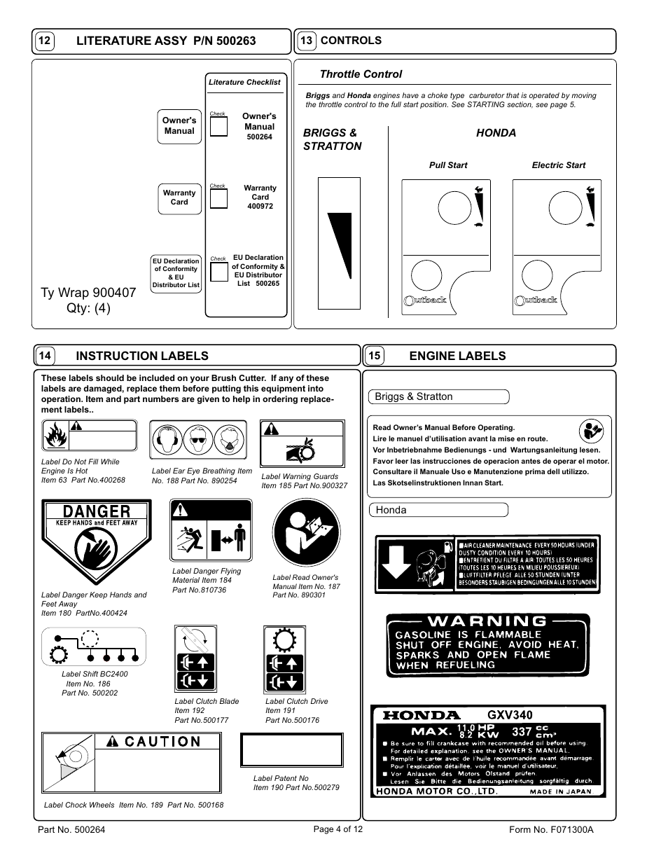 Danger, Instruction labels, Warning | Controls throttle control, Briggs & stratton honda, Briggs & stratton, Honda | Billy Goat BC2401 User Manual | Page 4 / 12