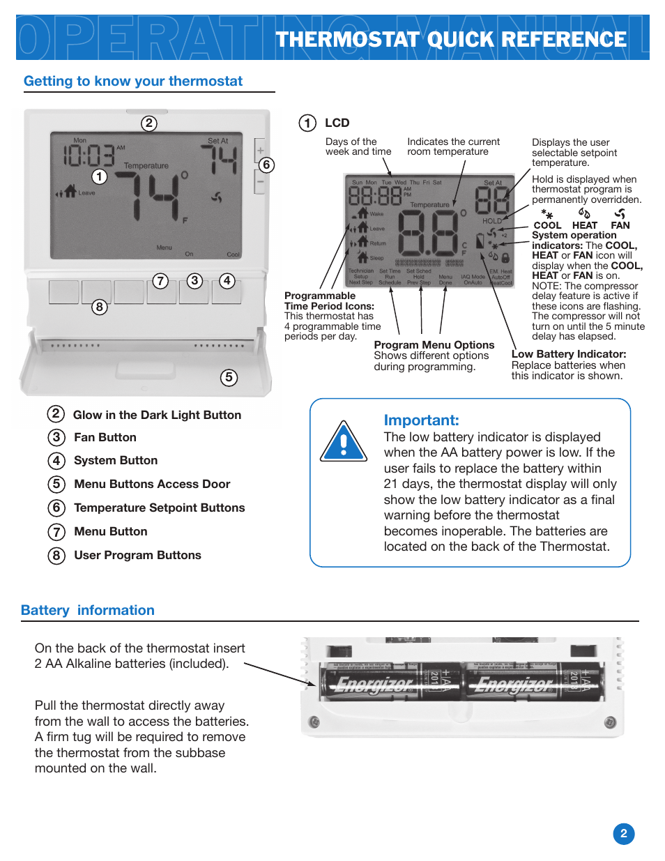 Thermostat quick reference, Important, Battery information | Getting to know your thermostat | Pro1 T805 Operation manual User Manual | Page 2 / 6