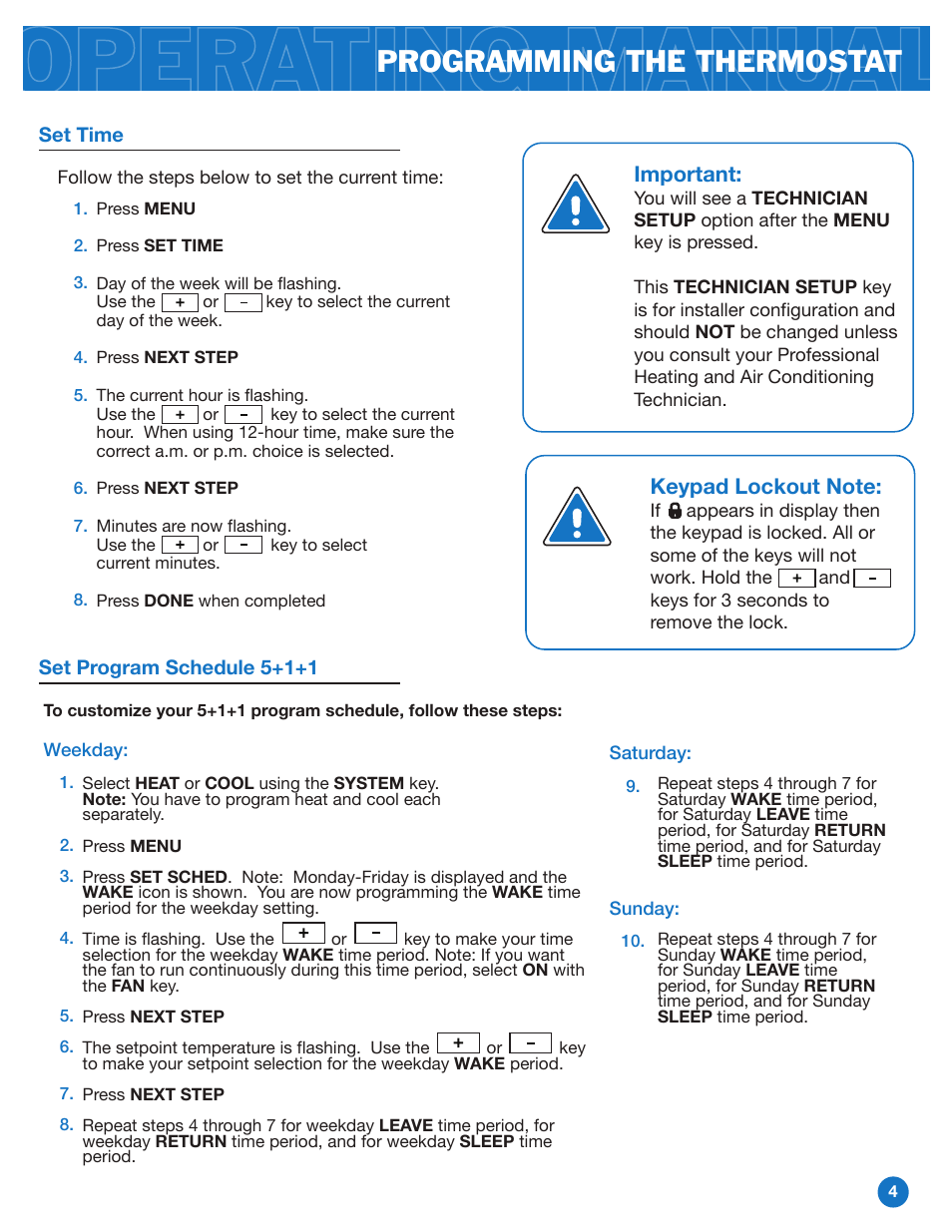 Programming the thermostat, Important | Pro1 T805 Operation manual User Manual | Page 4 / 6