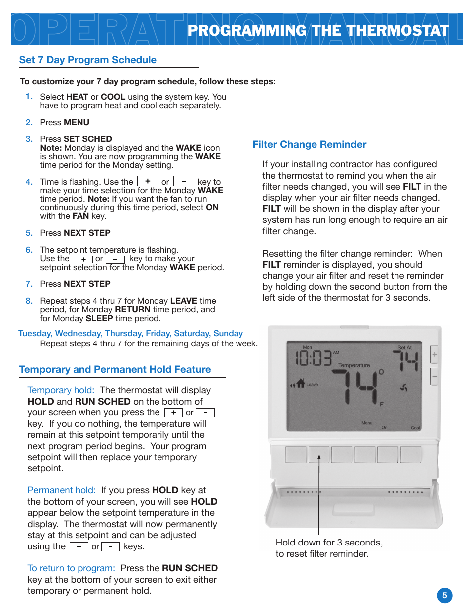 Programming the thermostat | Pro1 T805 Operation manual User Manual | Page 5 / 6