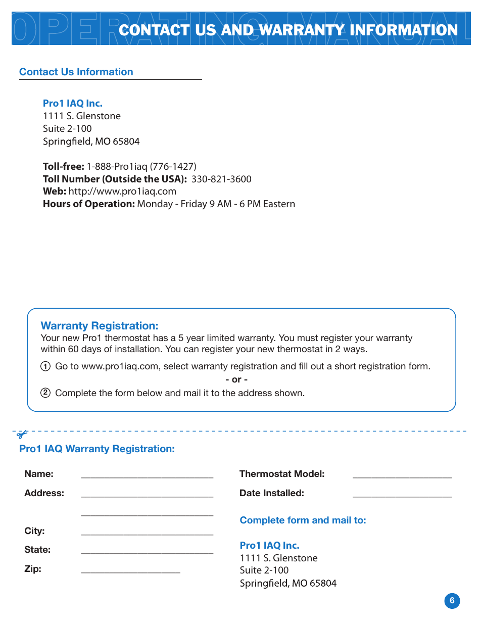 Contact us and warranty information | Pro1 T805 Operation manual User Manual | Page 6 / 6