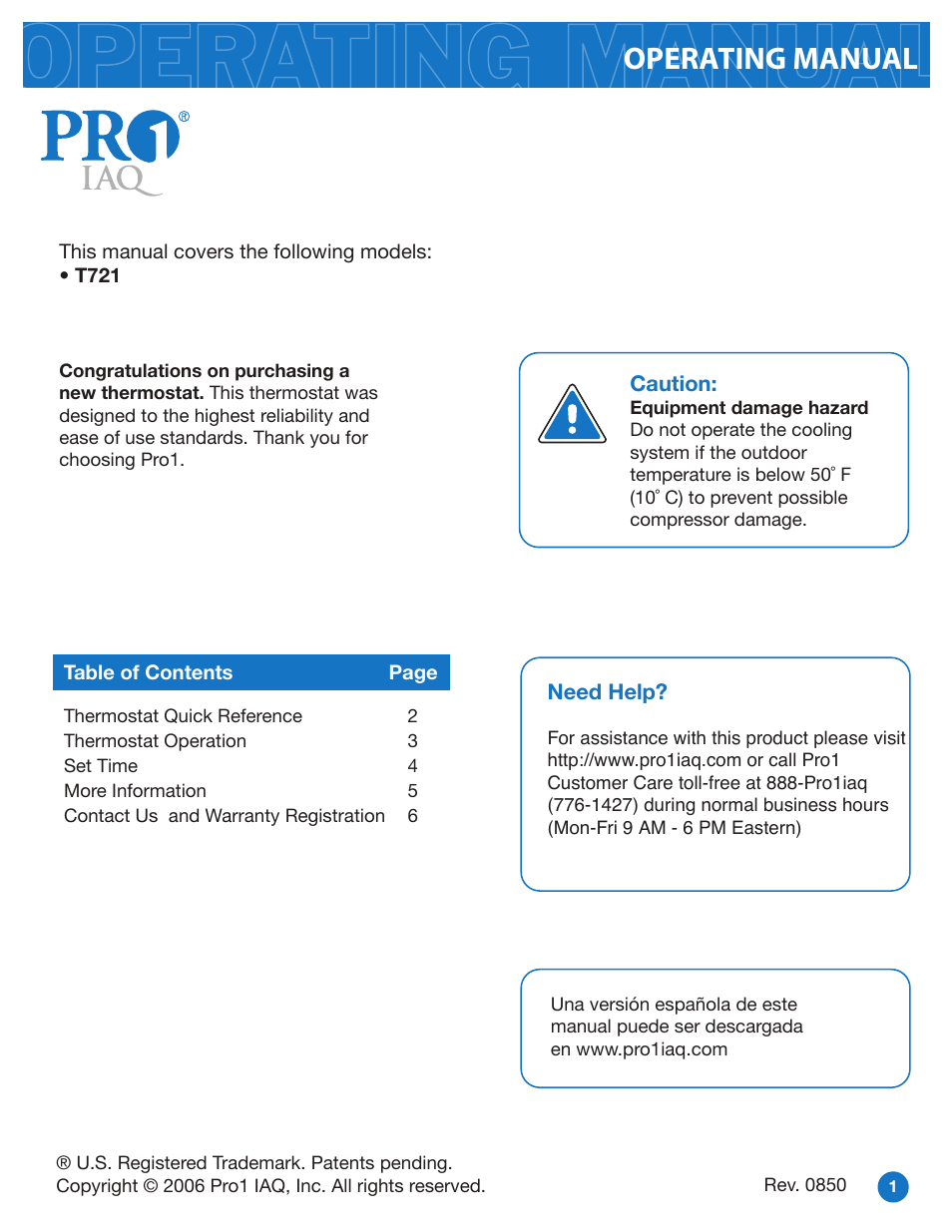 Pro1 T721 Operation manual User Manual | 6 pages