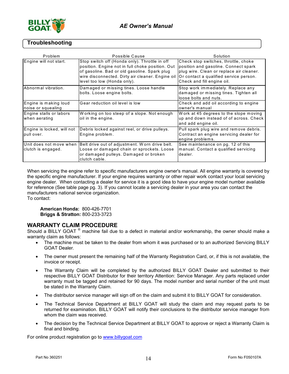Billy Goat AE400H User Manual | Page 14 / 20