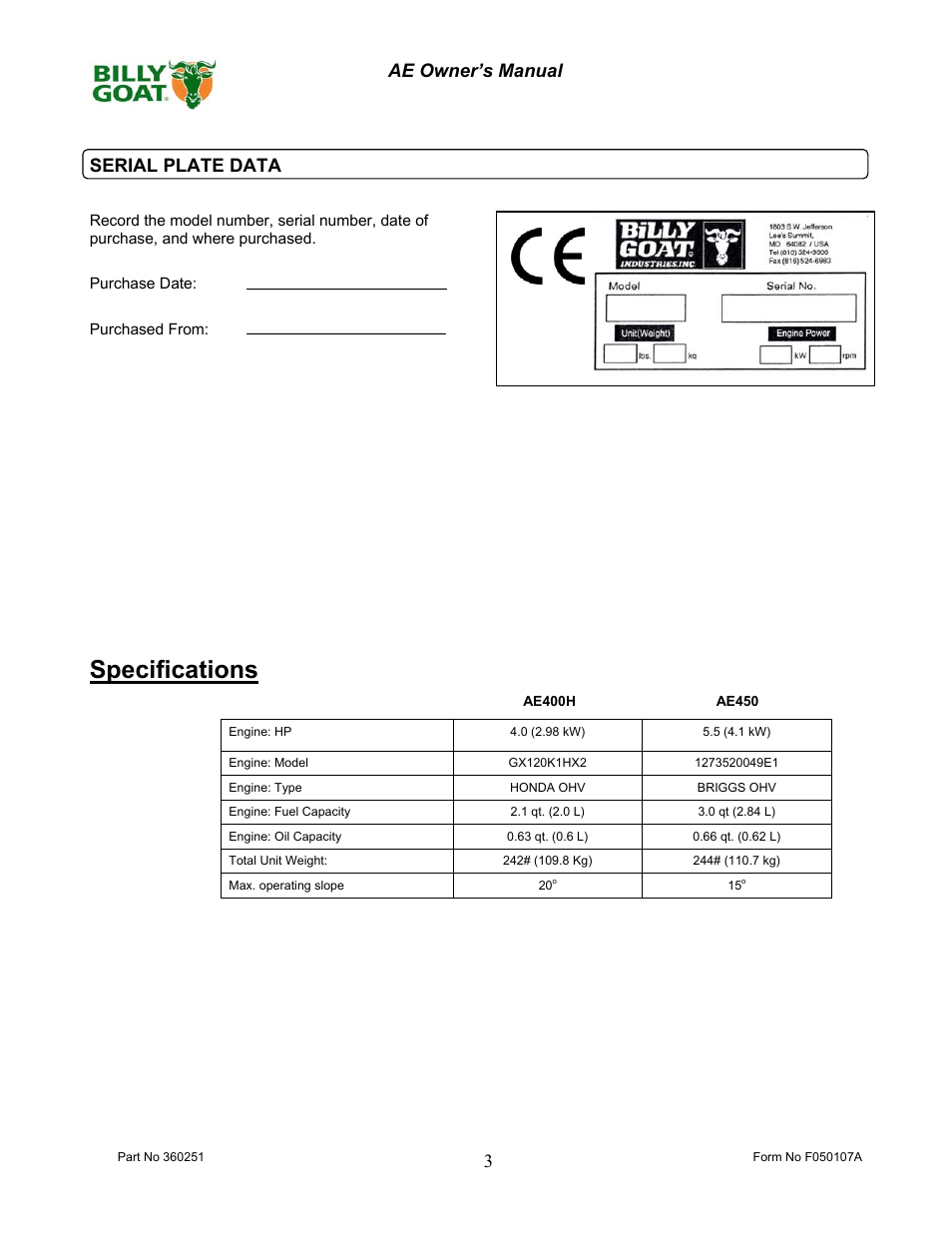 Specifications | Billy Goat AE400H User Manual | Page 3 / 20