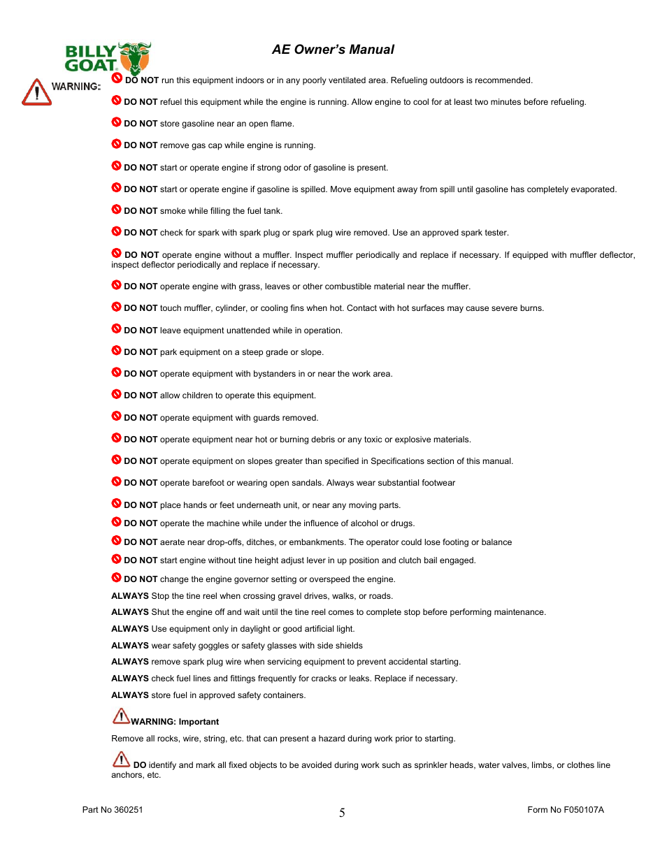 5 ae owner’s manual | Billy Goat AE400H User Manual | Page 5 / 20