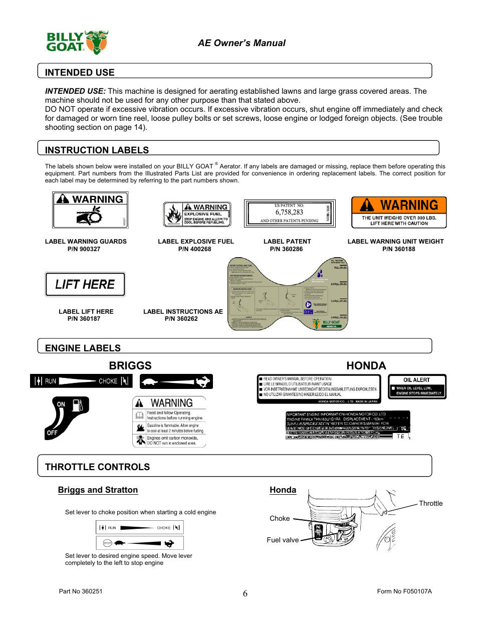 Briggs honda | Billy Goat AE400H User Manual | Page 6 / 20