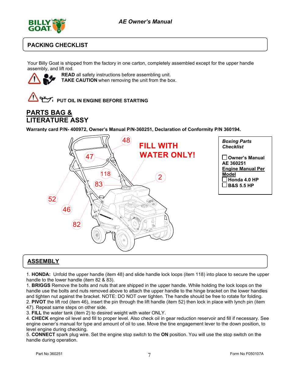 Fill with water only | Billy Goat AE400H User Manual | Page 7 / 20