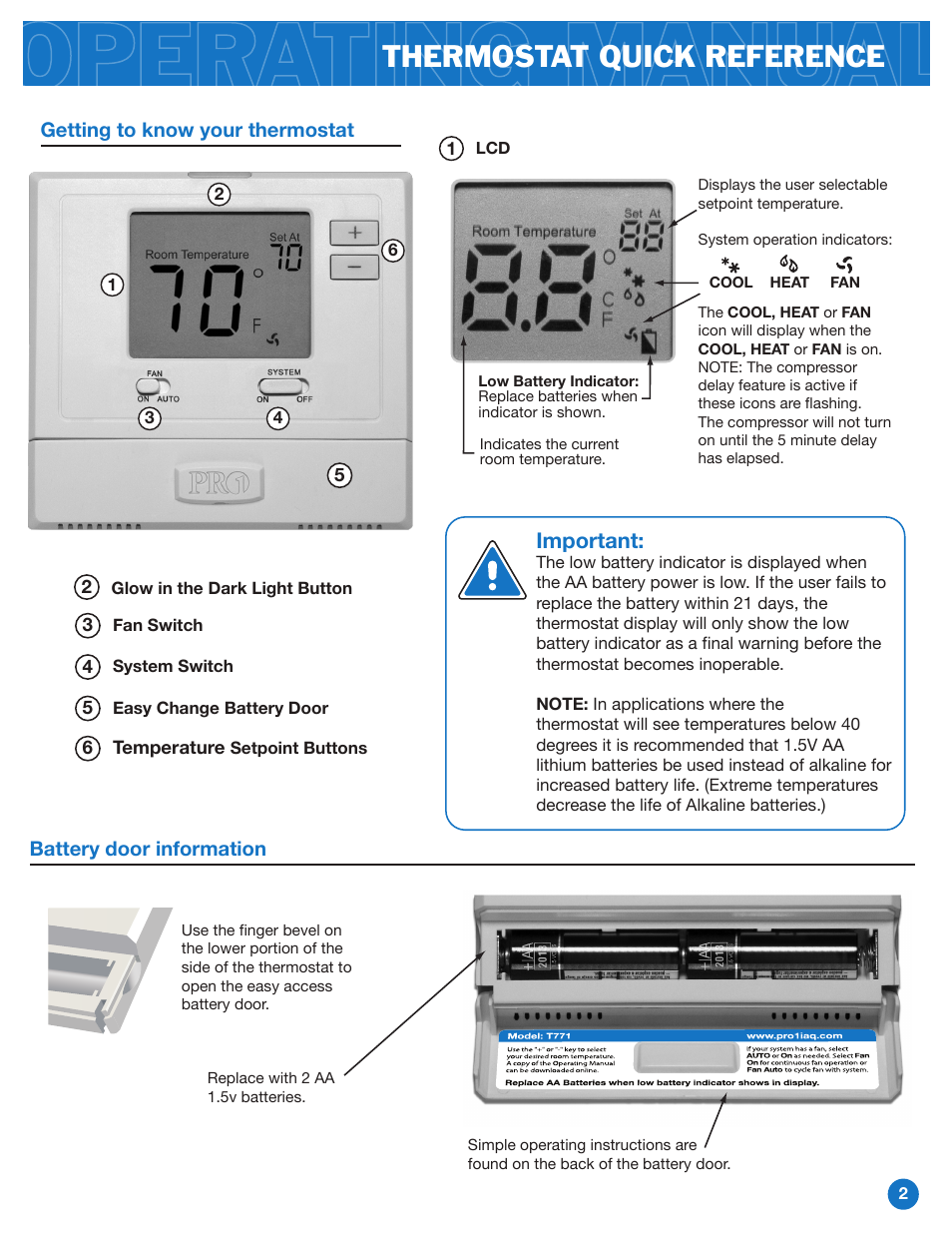 Thermostat quick reference, Important | Pro1 T771 Operation manual User Manual | Page 2 / 4
