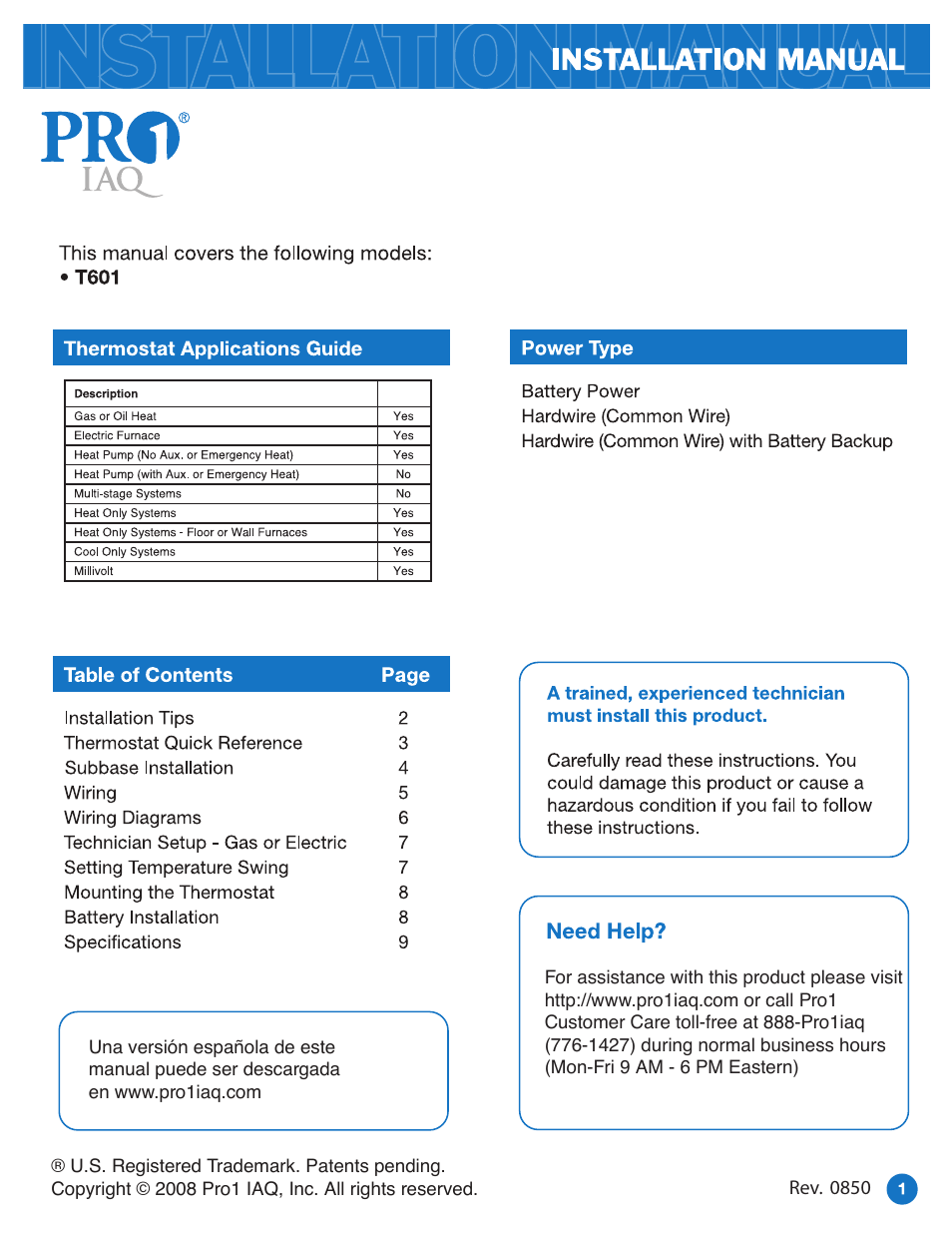 Pro1 T601 Installation manual User Manual | 9 pages