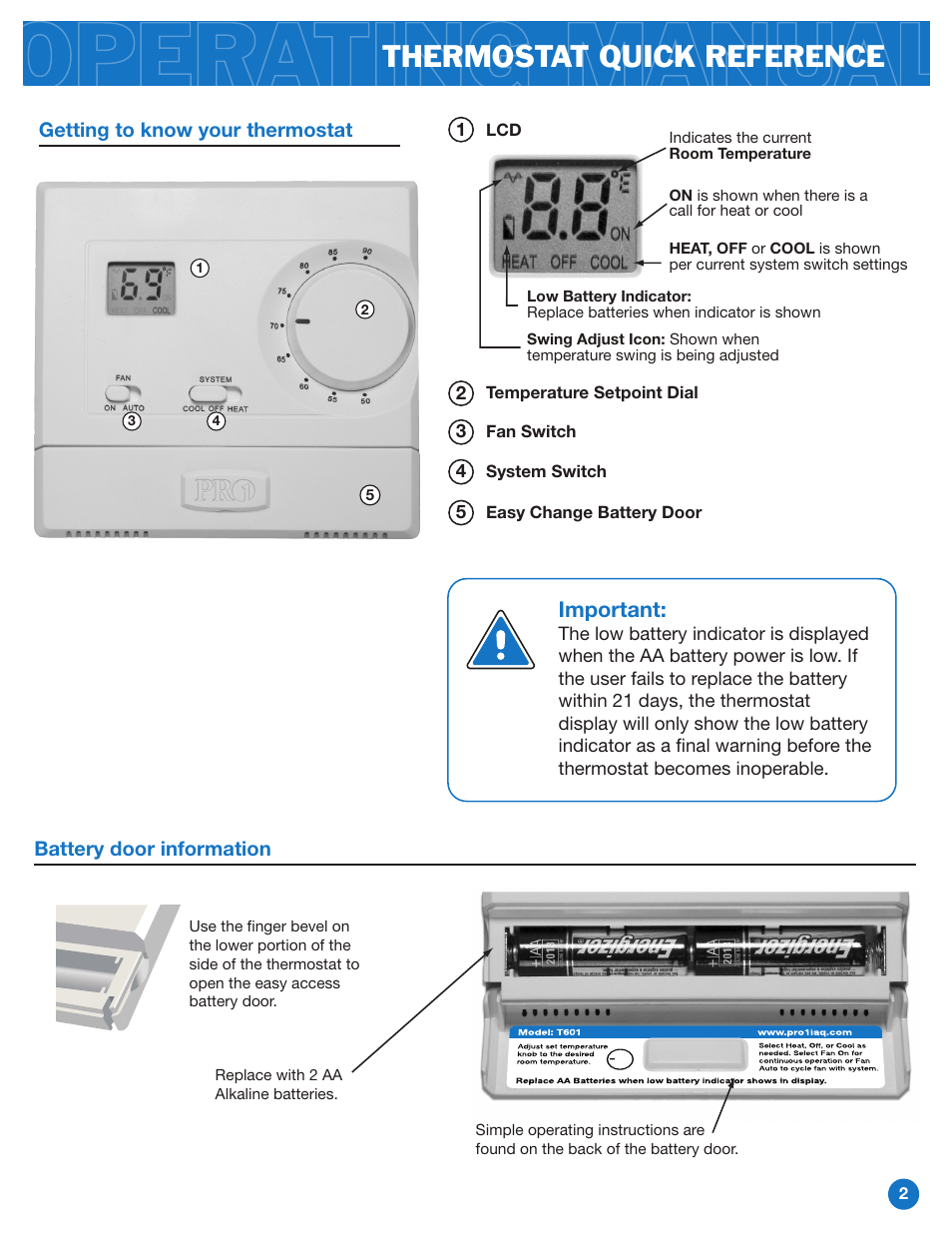 Thermostat quick reference, Important | Pro1 T601 Operation manual User Manual | Page 2 / 4