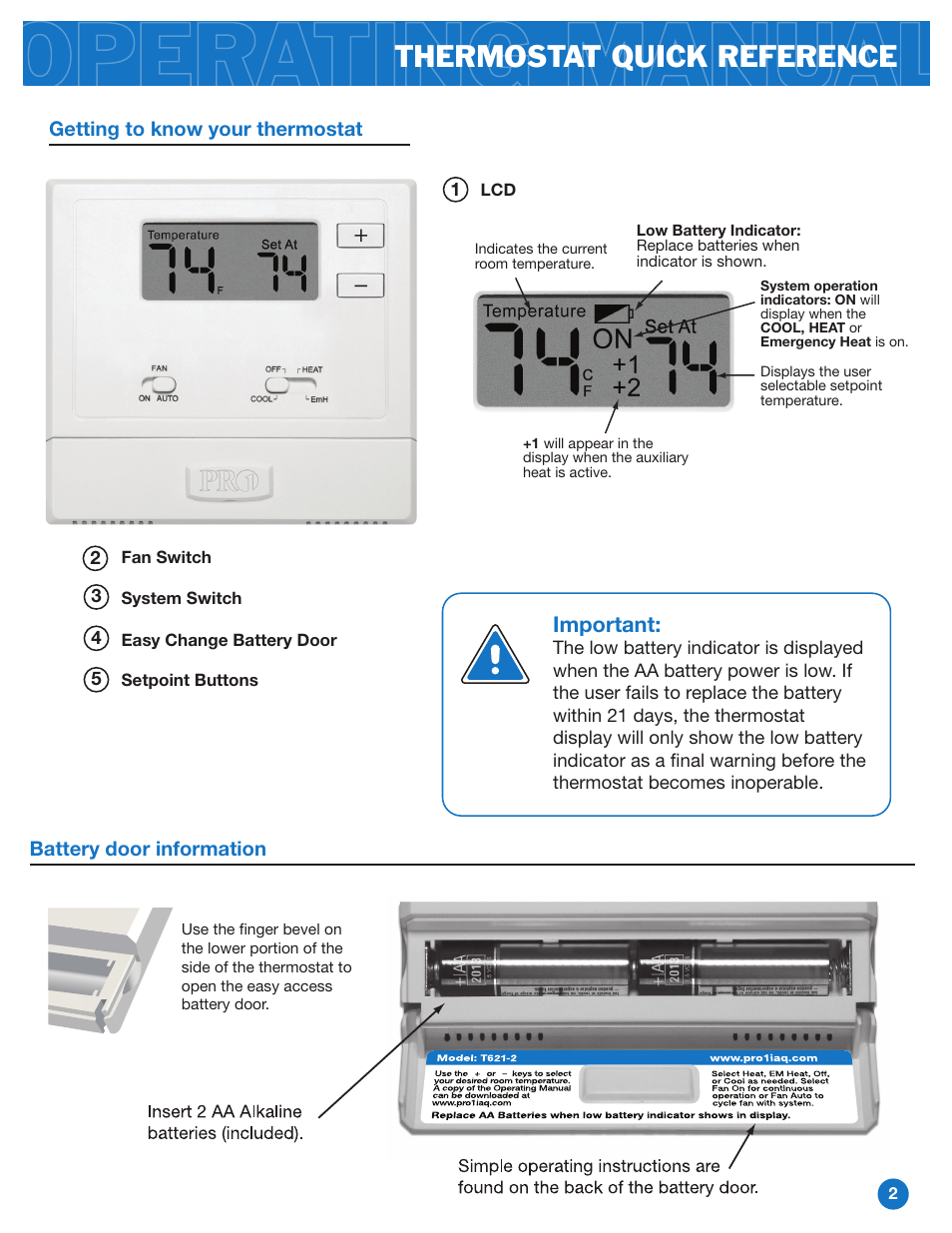 Thermostat quick reference, Important, Battery door information | Getting to know your thermostat | Pro1 T621-2 Operation manual User Manual | Page 2 / 4