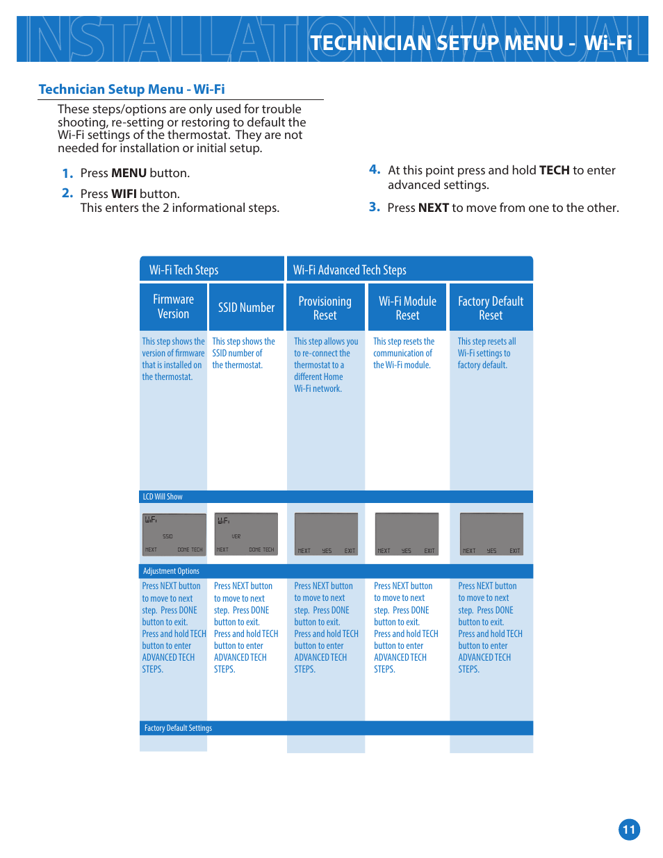 Technician setup menu - wi-fi, Wi-fi tech steps, Firmware version ssid number | Factory default reset | Pro1 T855i Installation manual User Manual | Page 11 / 16