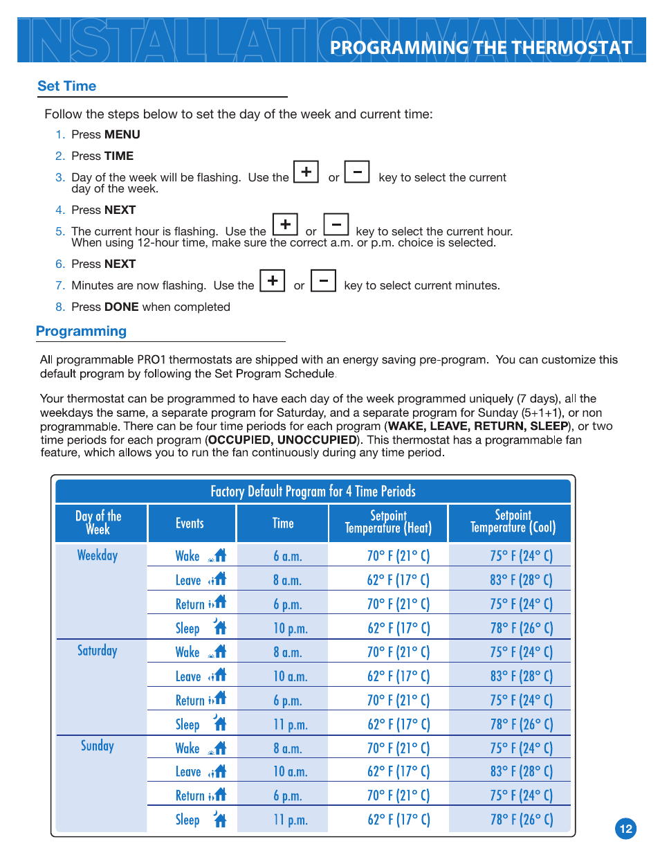 Programming the thermostat | Pro1 T855i Installation manual User Manual | Page 12 / 16