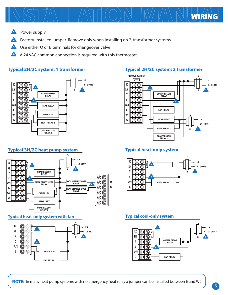 Wiring, Typical heat-only system, Typical 3h/2c heat pump system | Pro1 T855i Installation manual User Manual | Page 5 / 16