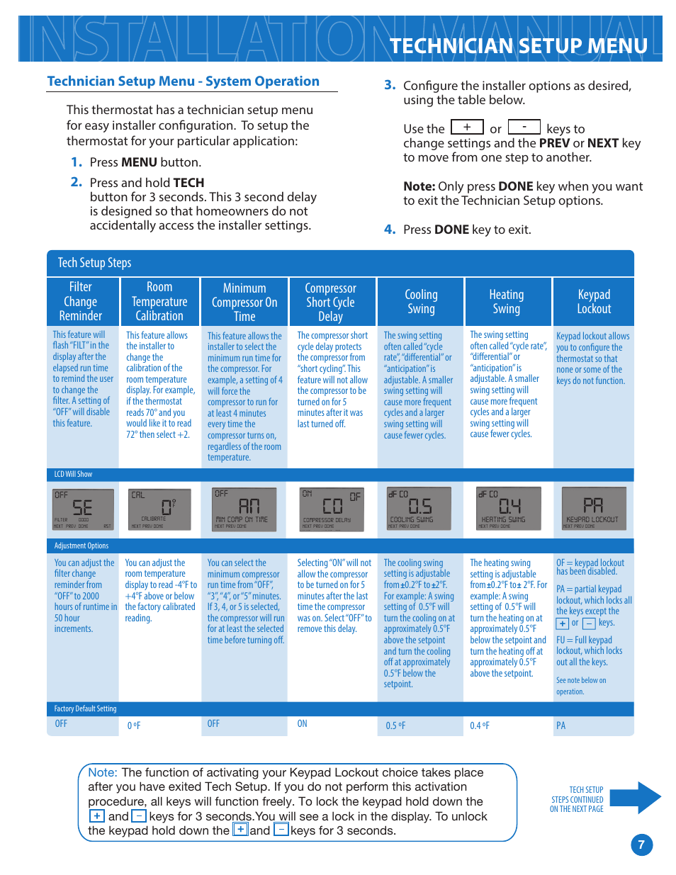 Technician setup menu, Filter change reminder, Room temperature calibration | Minimum compressor on time, Compressor short cycle delay tech setup steps, Cooling swing, Heating swing, Keypad lockout, Technician setup menu - system operation | Pro1 T855i Installation manual User Manual | Page 7 / 16