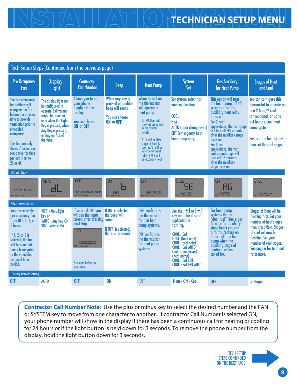 Technician setup menu, Display light | Pro1 T855i Installation manual User Manual | Page 9 / 16