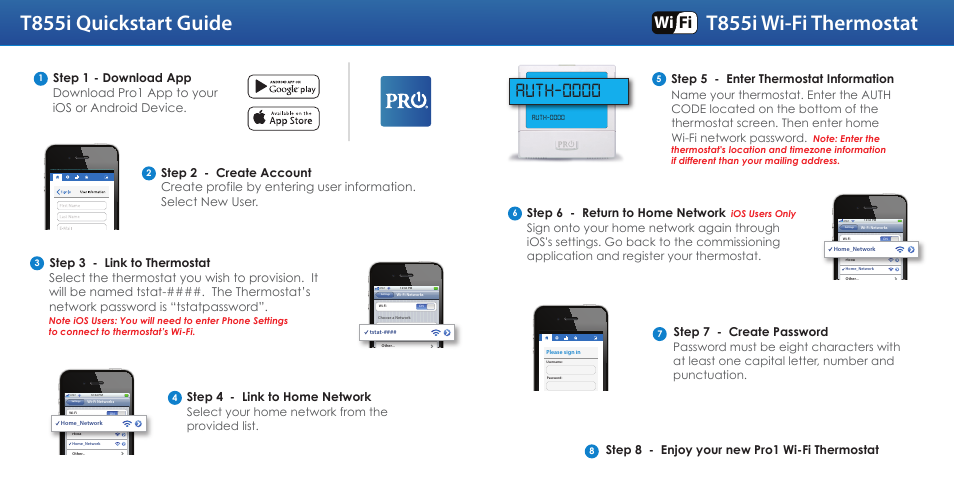 Auth-0000, Wi fi, Select your home network from the provided list | Step 1, Step 6 - return to home network, Download app, Step 7 - create password, Step 8 - enjoy your new pro1 wi-fi thermostat | Pro1 T855i Quick start User Manual | Page 2 / 2