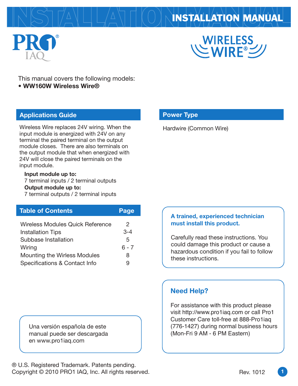 Pro1 WW160W User Manual | 9 pages