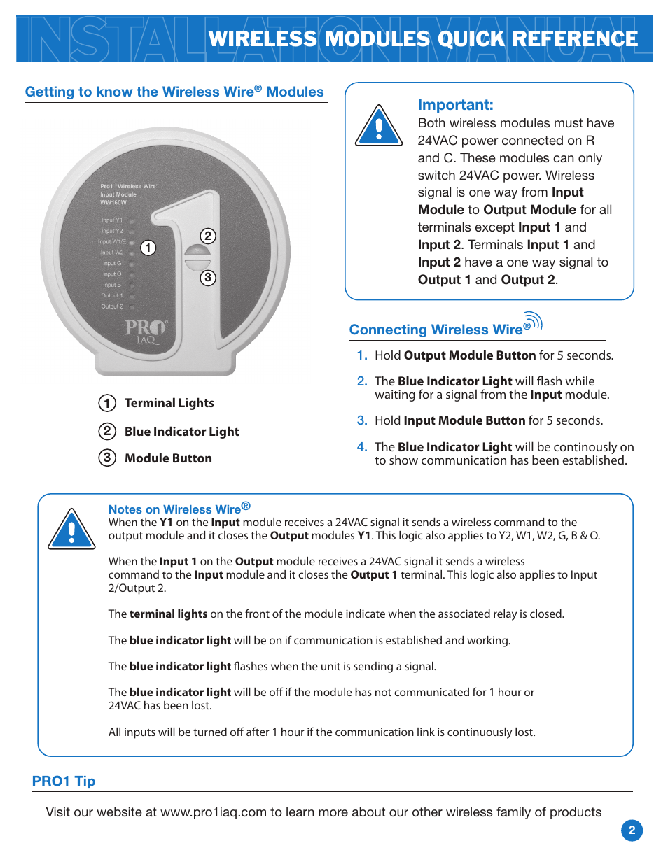 Wireless modules quick reference | Pro1 WW160W User Manual | Page 2 / 9