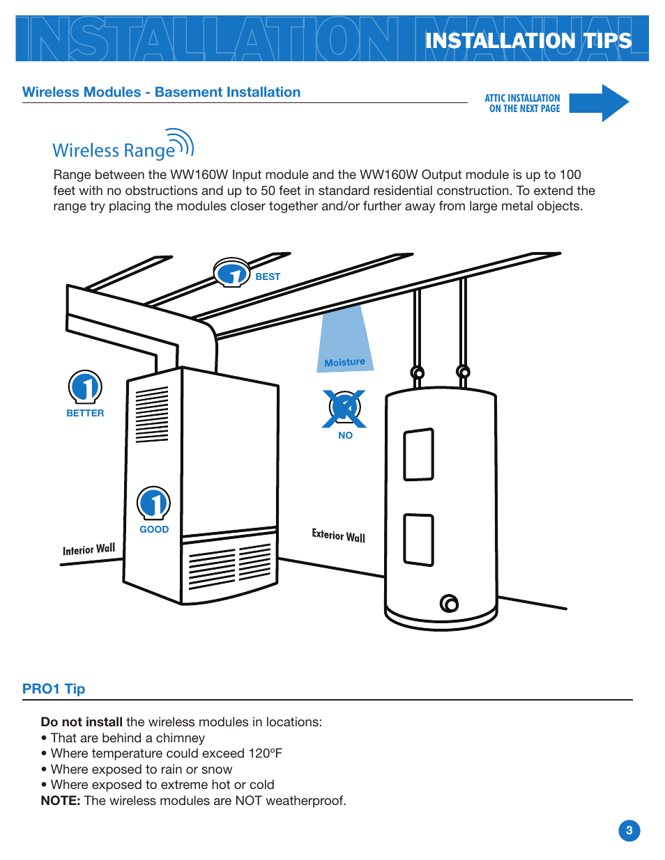 Installation tips, Wireless range | Pro1 WW160W User Manual | Page 3 / 9