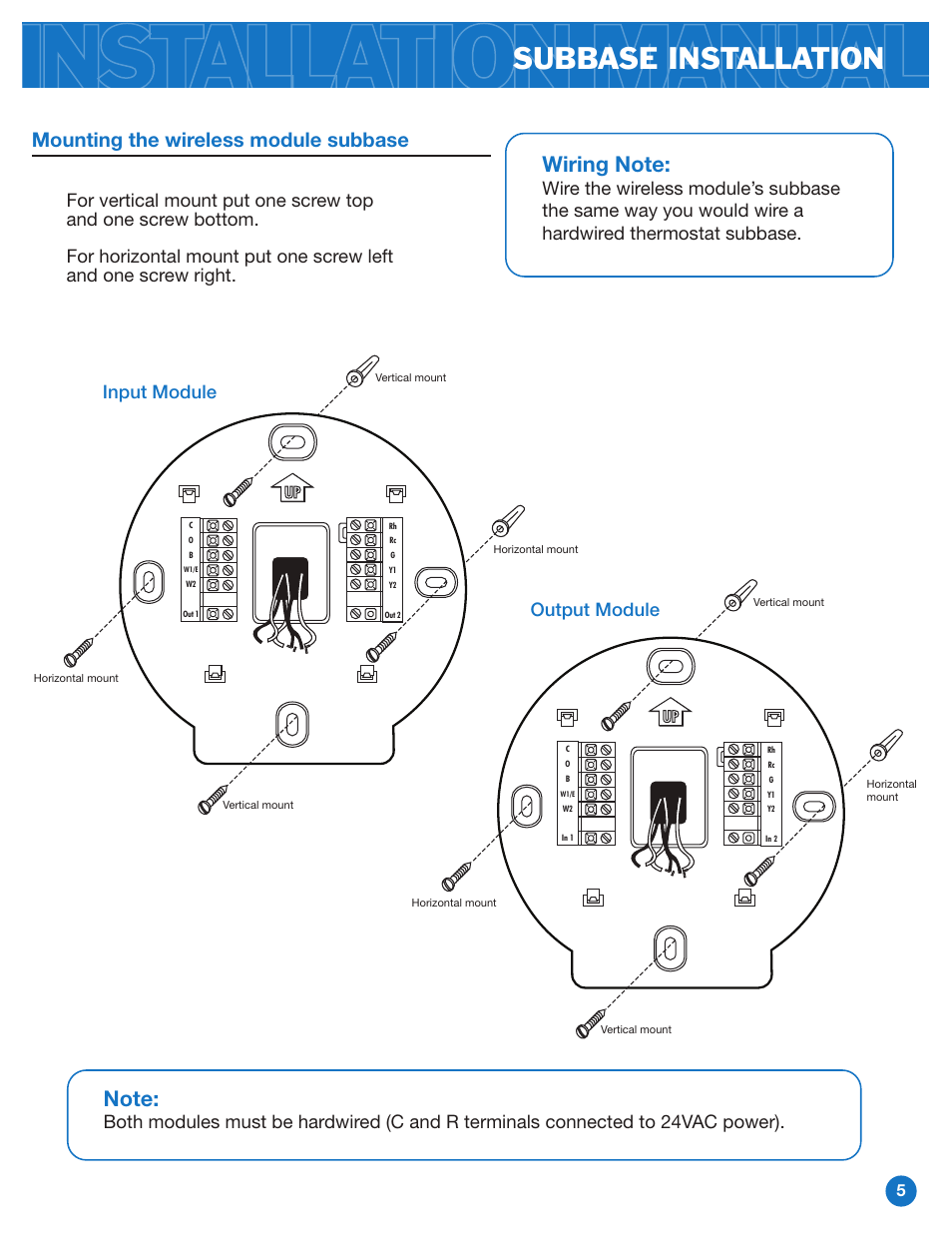 Subbase installation, Mounting the wireless module subbase | Pro1 WW160W User Manual | Page 5 / 9