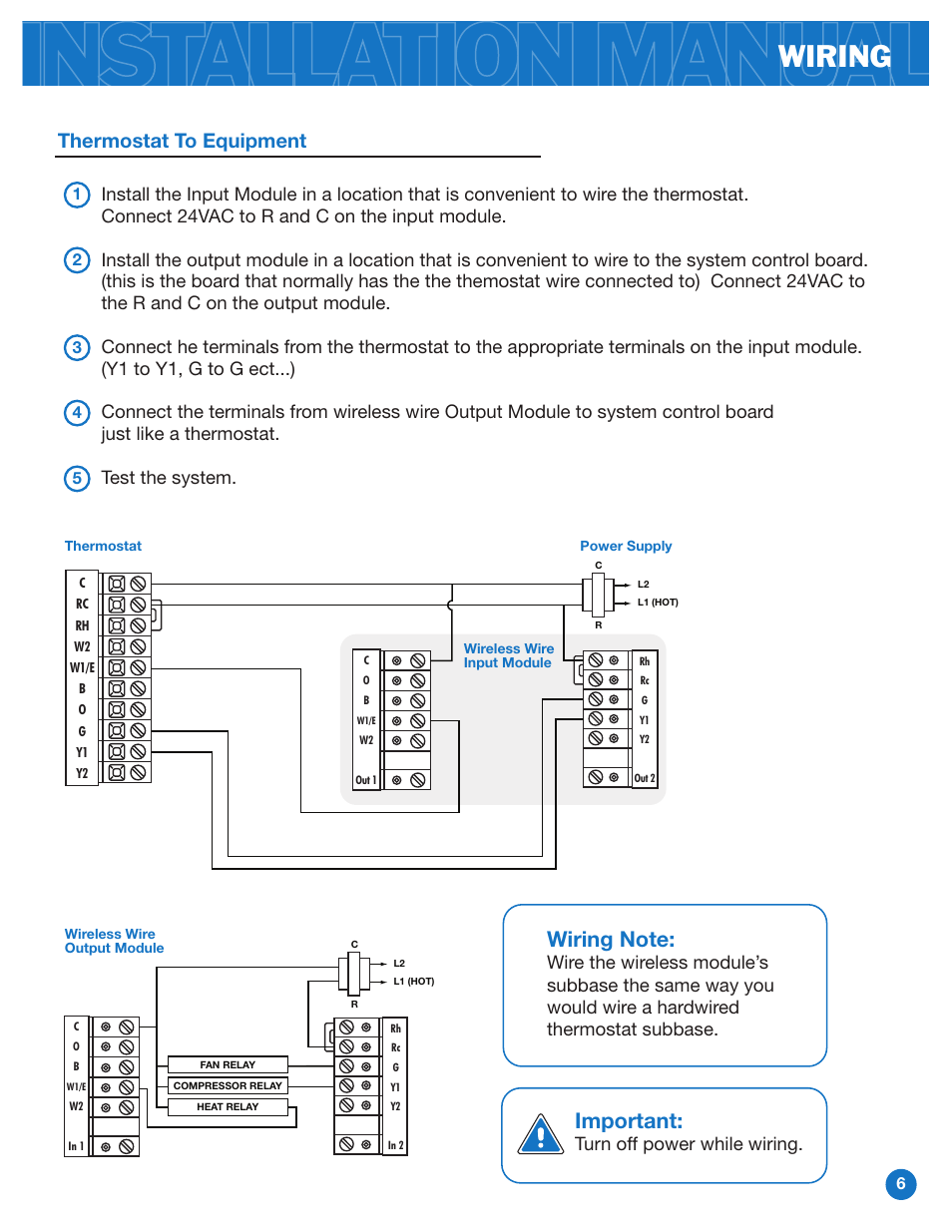 Wiring, Important, Thermostat to equipment | Turn off power while wiring | Pro1 WW160W User Manual | Page 6 / 9